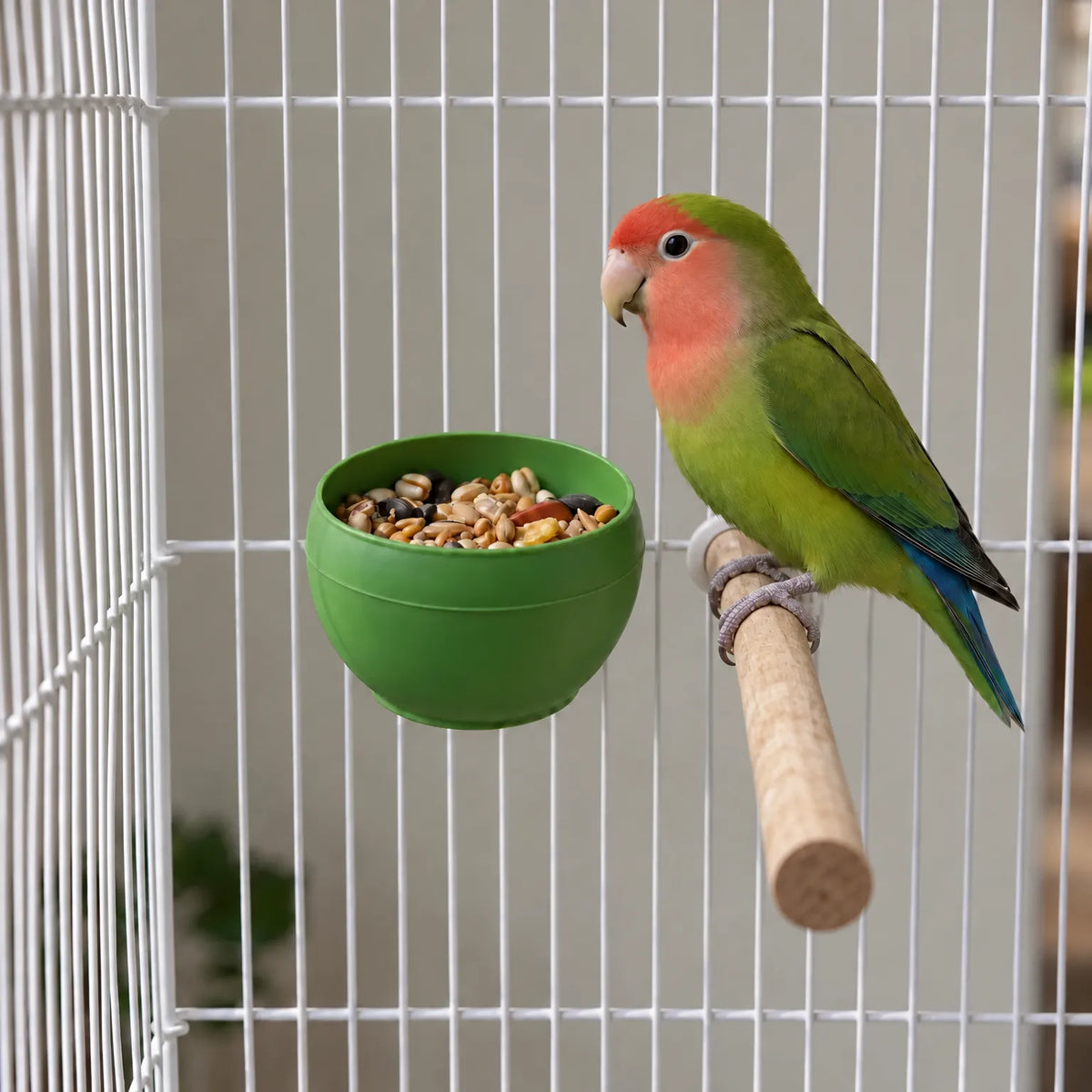 Green bowl filled with seed mix clipped to the bars of a white cage beside a green and pink lovebird on a wooden perch. 2