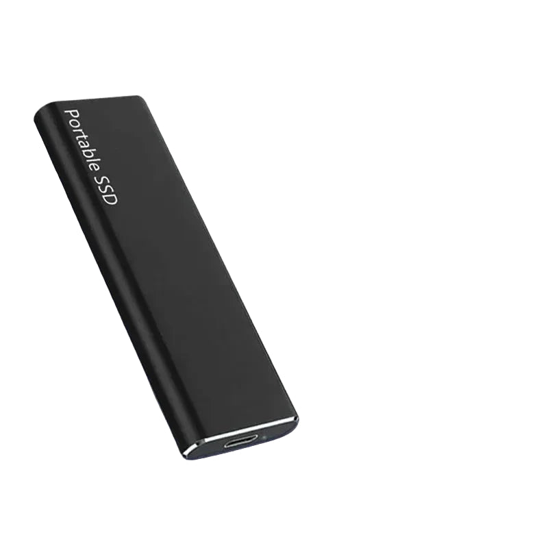 Slim black portable drive standing at an angle on a white background, with the USB-C port visible at the bottom end. 1