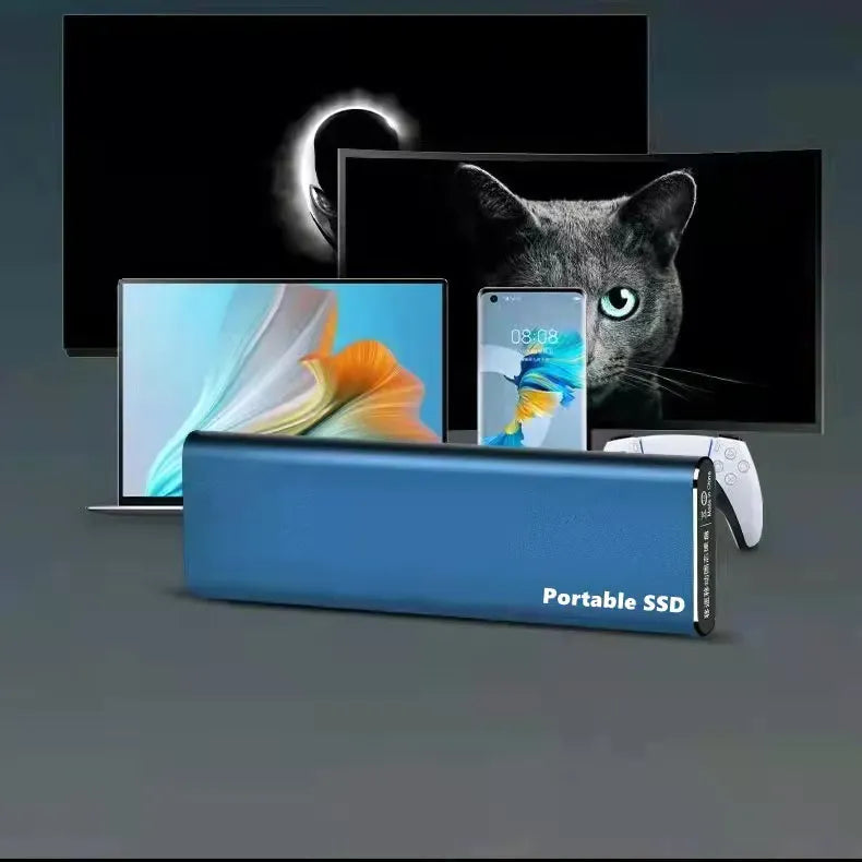 Blue drive in front of a TV, monitor, laptop, smartphone and game controller, showing the devices it can be used with. 6