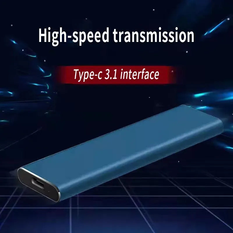 Blue drive angled towards the viewer against a dark, glowing background, with the USB-C port at the front and text about fast transfer. 8