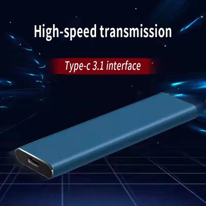 Blue drive angled towards the viewer against a dark, glowing background, with the USB-C port at the front and text about fast transfer. 8