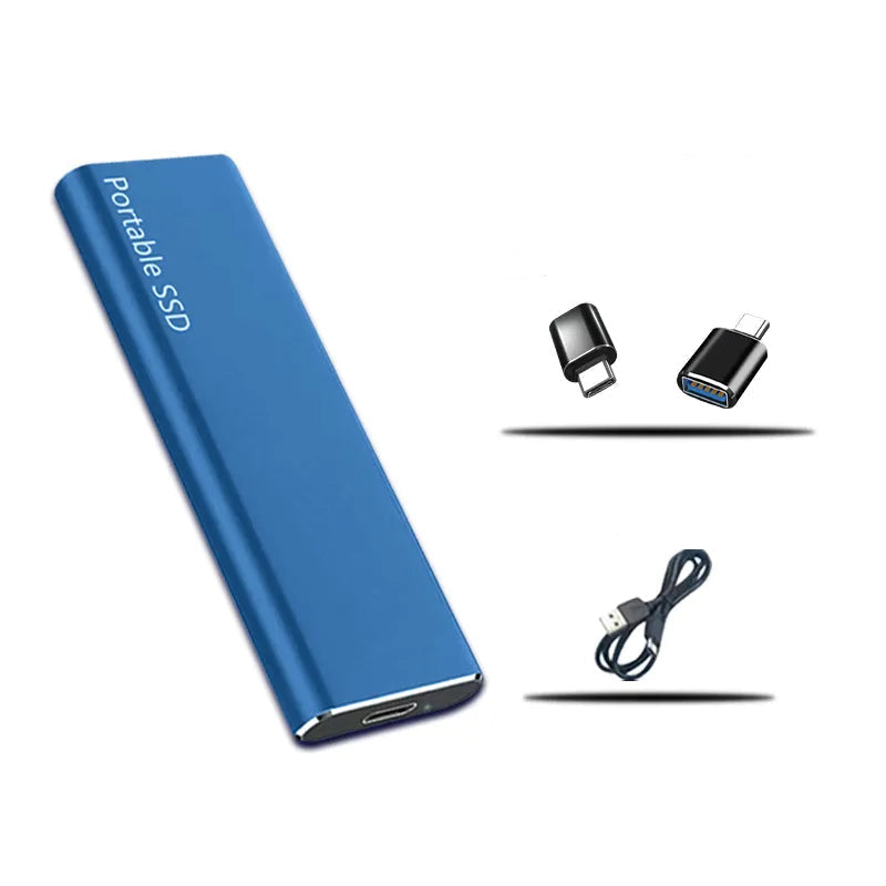 Blue version of the slim drive shown with two small black USB adapters and a coiled black connecting cable. 3