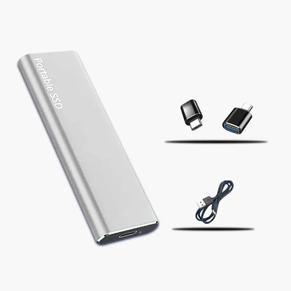 Silver version of the slim drive beside two small black USB adapters and a coiled black connecting cable. 2