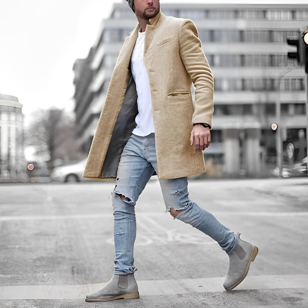 Elegant Long Men's Overcoat With A Stand Collar - Delbert