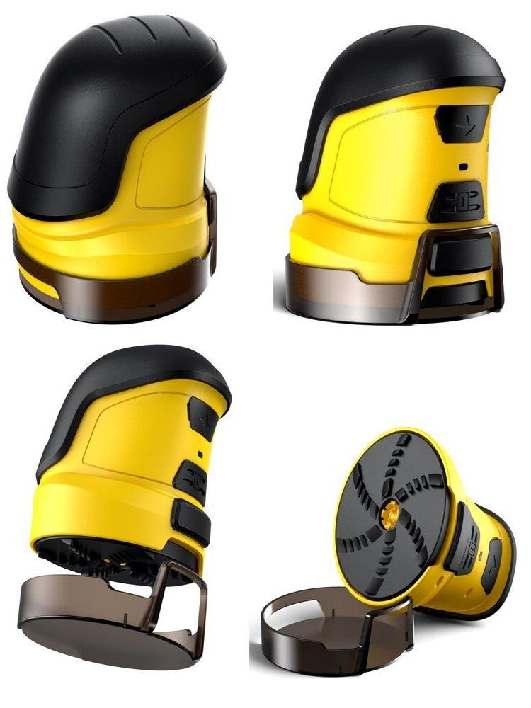Four views of the yellow and black scraper from different angles, showing its blade guard and round underside 5
