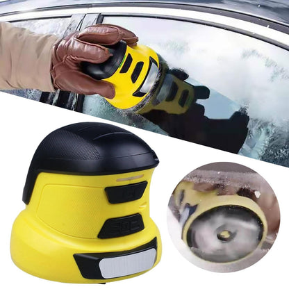 Collage of the yellow and black scraper clearing a frosted car window, plus close-ups of the body and spinning head 1