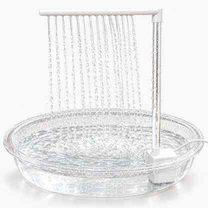 Clear shallow basin with a white pump and a horizontal spray bar releasing many fine streams of water, shown on a plain white background. 1