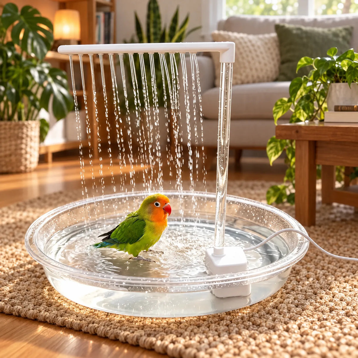 Green and orange lovebird bathing in the shallow basin under the falling streams, set on a woven rug in a living room. 2