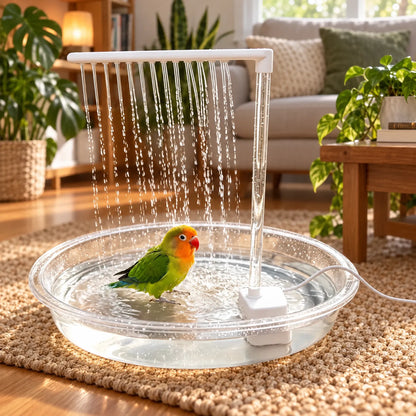 Green and orange lovebird bathing in the shallow basin under the falling streams, set on a woven rug in a living room. 2