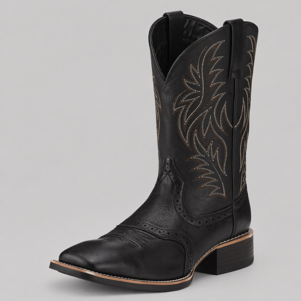 Black leather cowboy boot seen from the front at an angle, with white and brown stitched shaft patterns 1