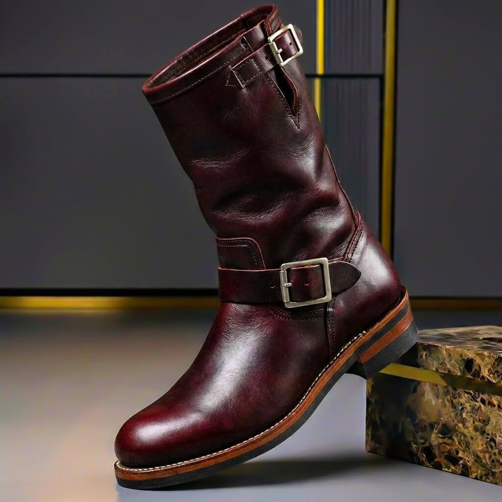Men's Genuine Leather Engineer Boots - Buckle Mid-Calf Boots for Fall Winter 2