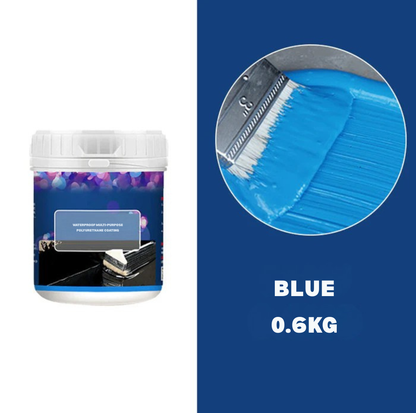 White tub beside a brush spreading bright blue coating, labelled as the blue 0.6kg option 11