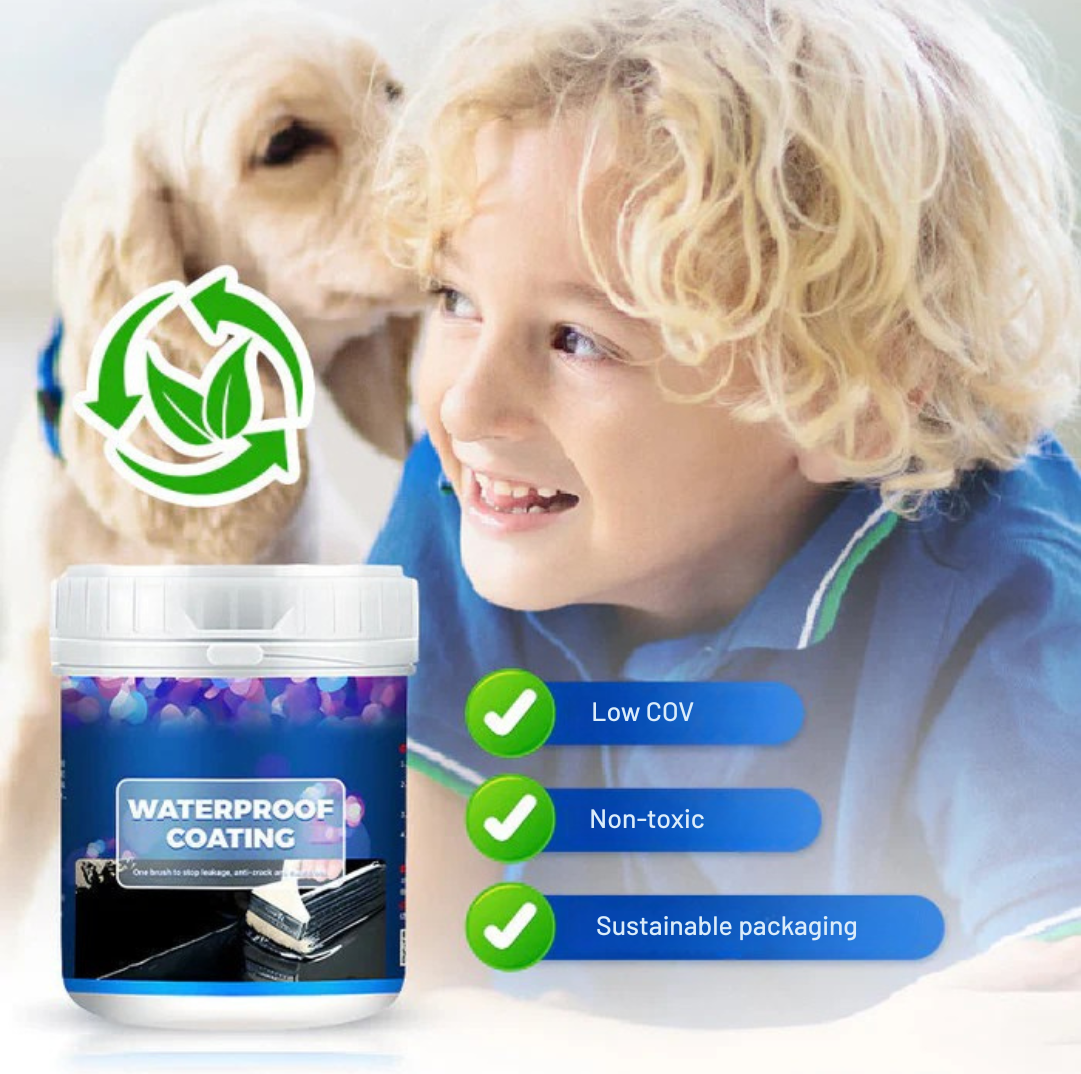 Smiling child and dog behind a tub, with ticks for low odour, non-toxic and sustainable packaging 8