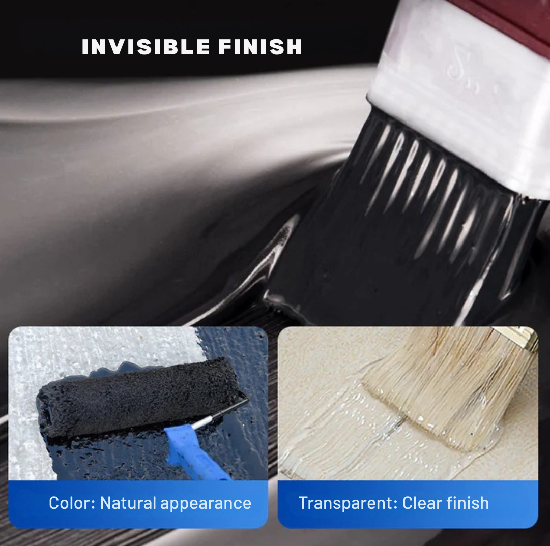 Brush loaded with dark coating, with inset examples of a coloured finish and a clear finish 5