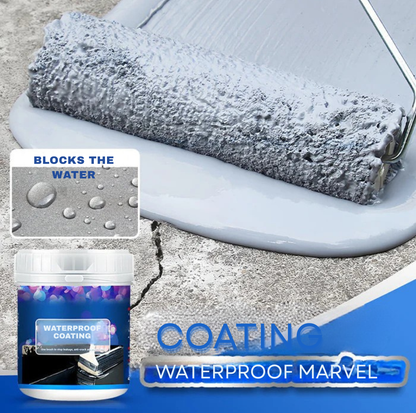 Grey coating being rolled onto cracked concrete, with a tub and water beading inset 1