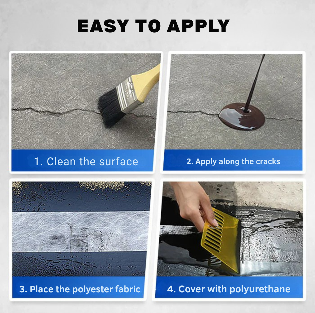 Four-step guide: clean the cracked surface, apply along cracks, lay fabric, then cover with coating 9