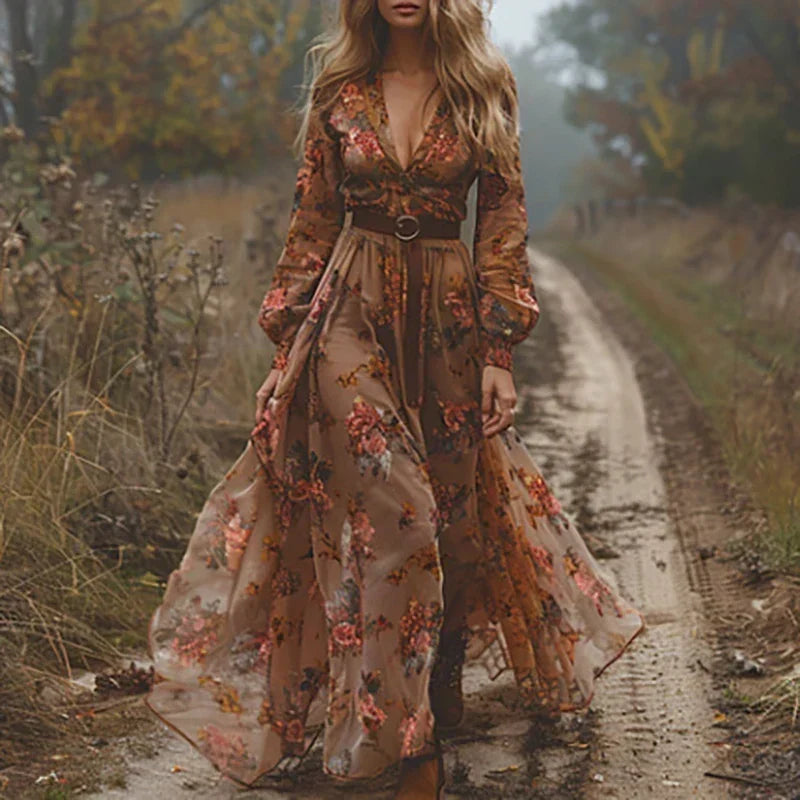 Model on a misty country lane wearing the brown floral print version with sheer skirt and buckled belt 4