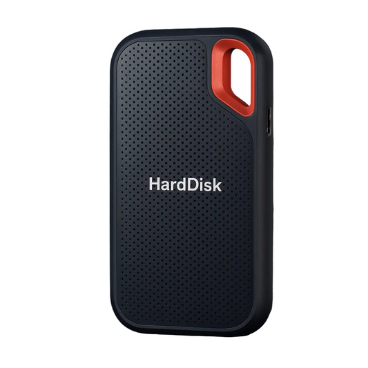 Black portable SSD at an angle, with a perforated rubberised case and an orange loop corner 1