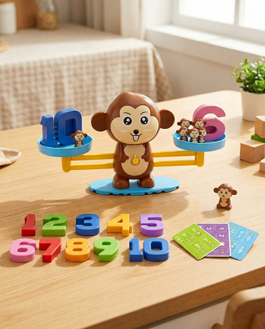 Brown monkey balance with blue pans, numbers 10 and 6 on top, loose numbers and cards on a table 1