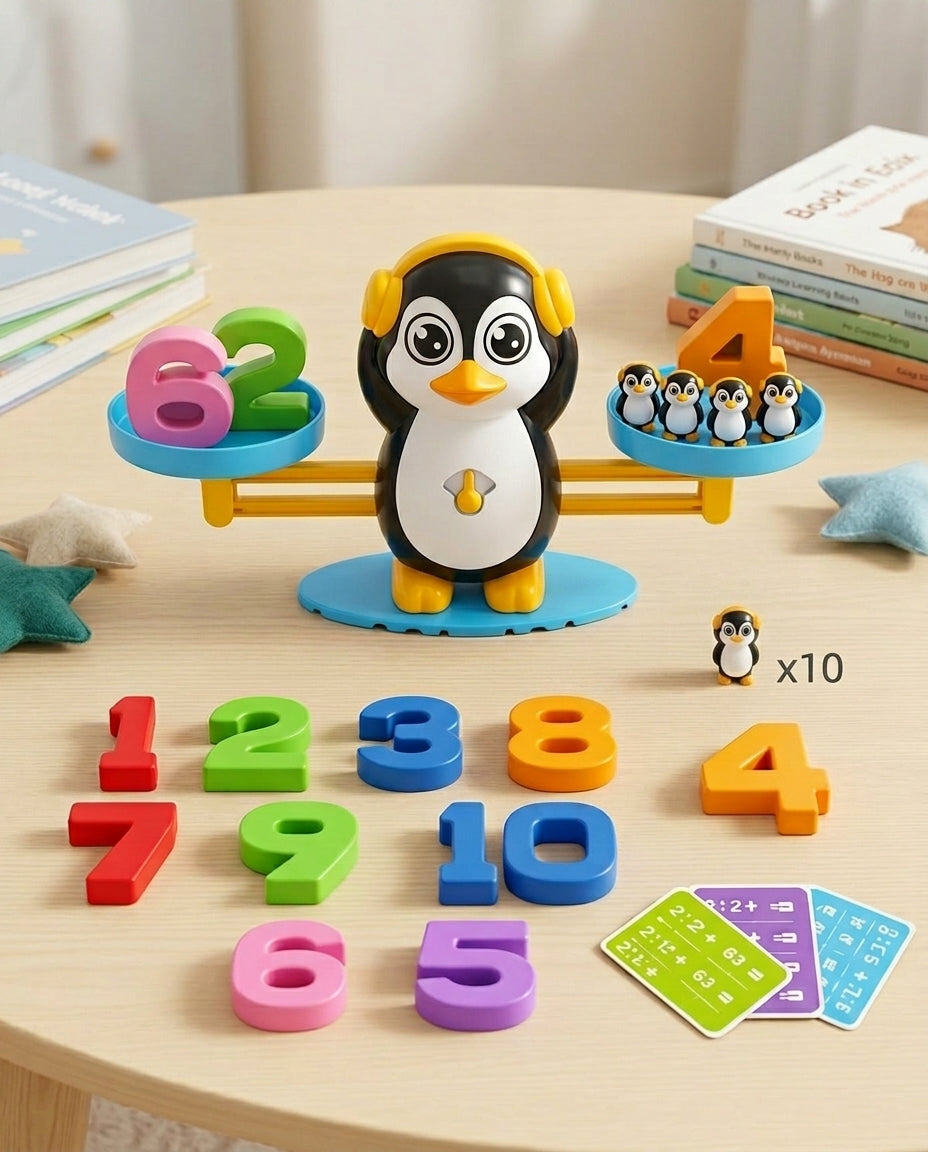 Penguin balance wearing yellow headphones on a round table, with loose numbers, small penguins and cards around it 9