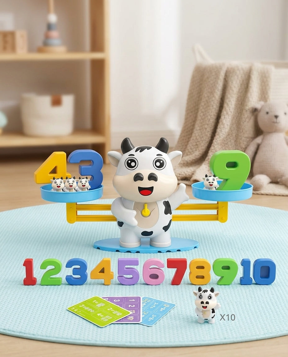 Black and white cow balance on a blue mat, with numbers 1 to 10, small cow figures and cards 11