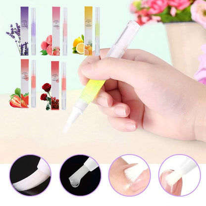 Five scented oil pens with boxes above a hand applying one, with brush close-ups below 1