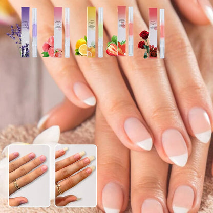 Five boxed oil pens over manicured hands, with small before and after nail comparisons 2