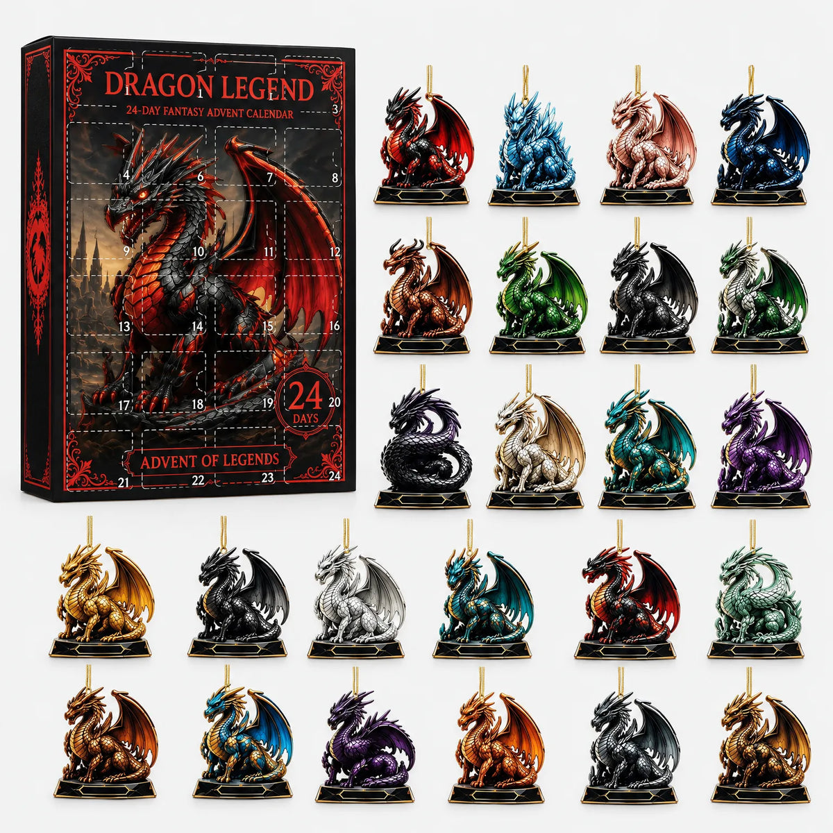 Black calendar box with a red dragon on the front, shown beside 24 colourful dragon ornaments laid out on white. 2