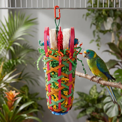 Same hanging toy in a leafy setting, with a green and blue parakeet perched on a branch beside it. 2