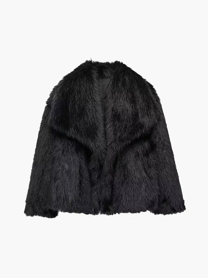 Cropped black faux fur coat with an open front and broad collar, laid flat 2