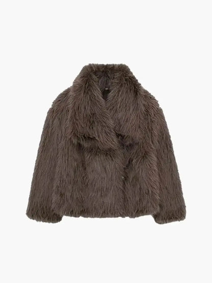 Cropped dark brown shaggy faux fur coat with a wide lapel collar, laid flat 3
