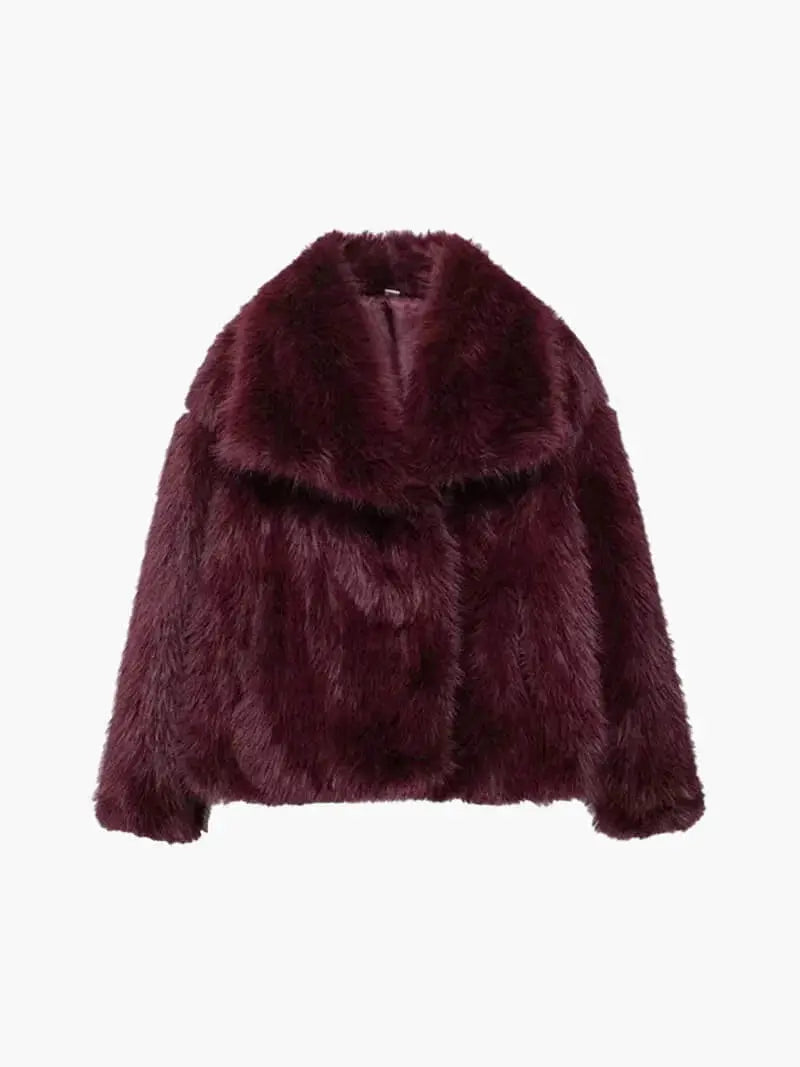 Cropped deep burgundy faux fur coat with a large rounded collar, laid flat 4
