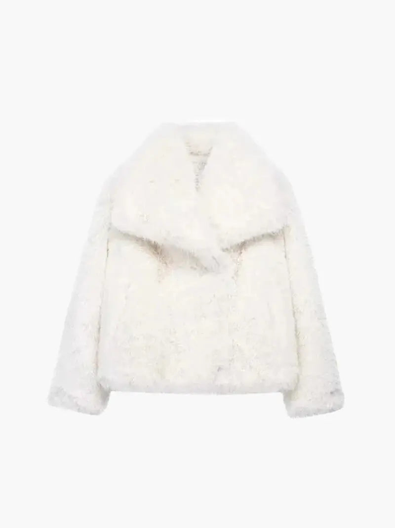 Cropped white faux fur coat with a wide lapel collar and soft textured pile, laid flat 5