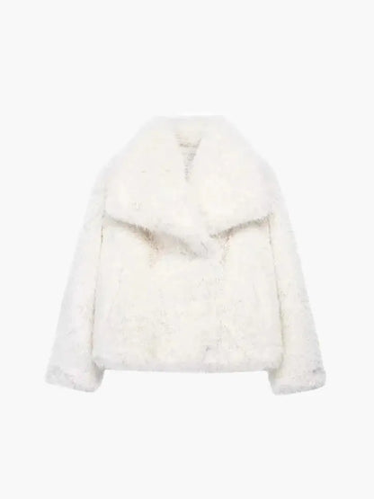 Cropped white faux fur coat with a wide lapel collar and soft textured pile, laid flat 5