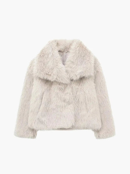 Cropped fluffy coat in pale cream faux fur with a wide folded collar, laid flat 1