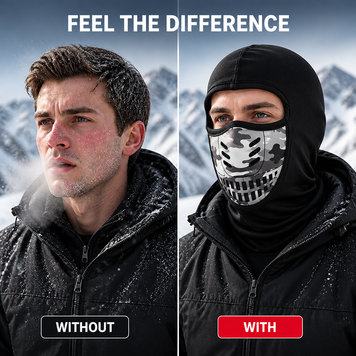 Side-by-side comparison of a man with frosty, reddened skin without the balaclava and the same man wearing it in snowy weather. 3