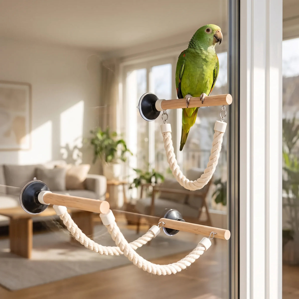 Green parrot sitting on a wooden perch stuck to a window, with more rope-linked perches below in a bright living room. 2