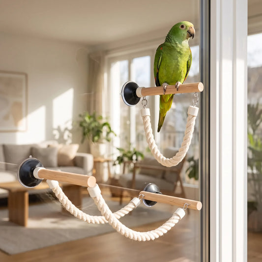 Green parrot sitting on a wooden perch stuck to a window, with more rope-linked perches below in a bright living room. 2