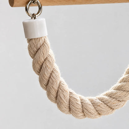Close-up of the twisted natural rope hanging from a wooden perch by a metal ring and a white end cap. 3
