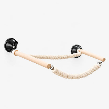 Two wooden perches on black suction cups joined by twisted rope, shown on a plain white background. 5