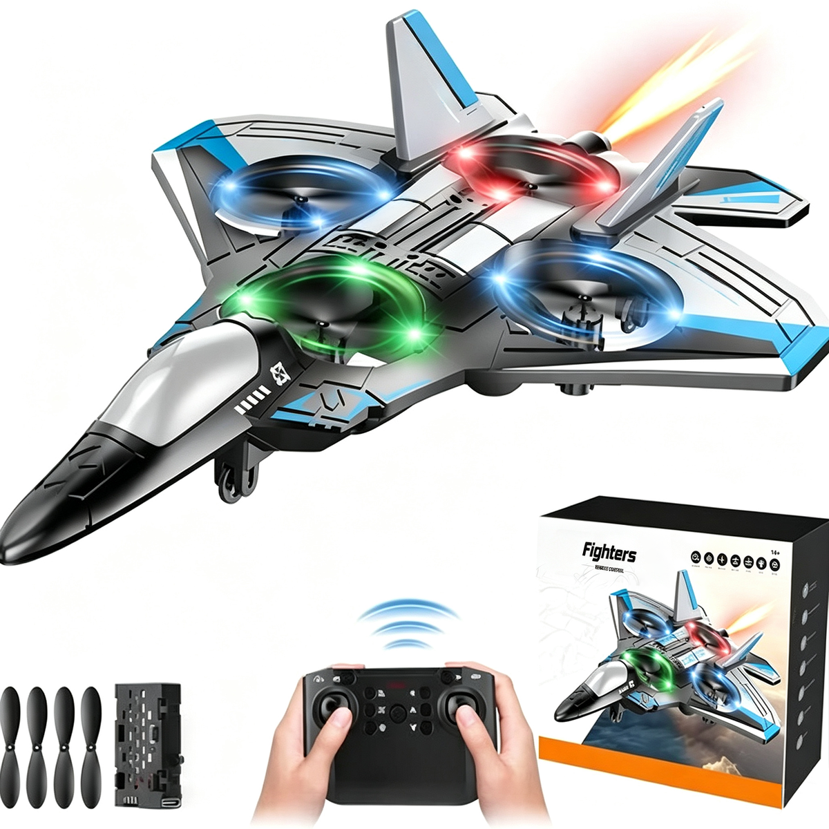 Grey jet with blue trim and lit propellers, shown with its box, spare propellers, battery and a remote held in two hands. 10