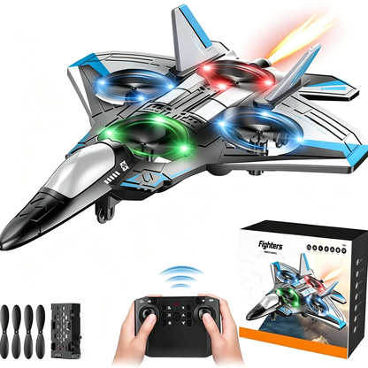 Grey jet with blue trim and lit propellers, shown with its box, spare propellers, battery and a remote held in two hands. 10
