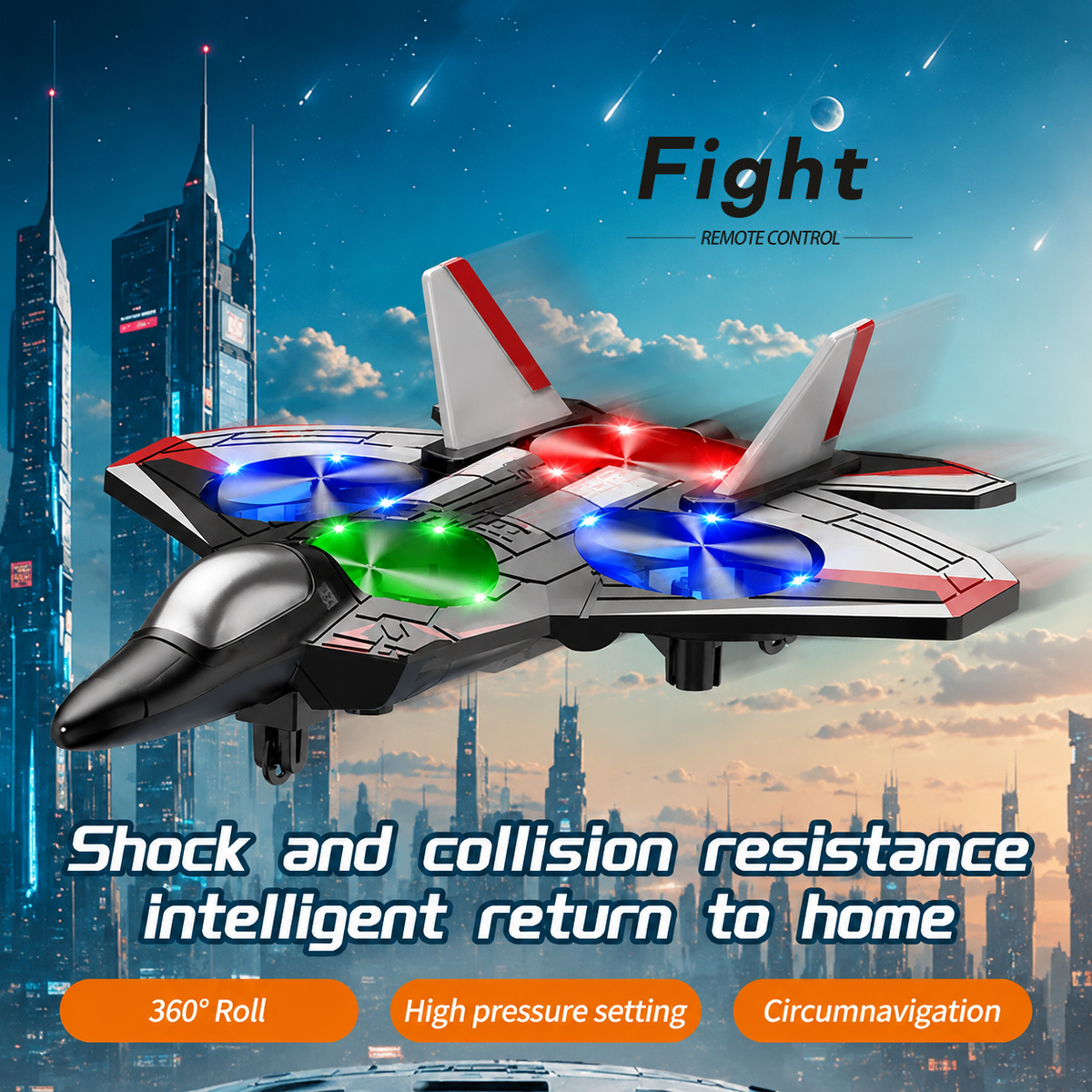 Jet toy with glowing propellers flying past futuristic skyscrapers at dusk, with feature badges for rolls and return to home. 3