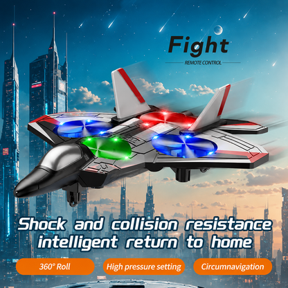 Jet toy with glowing propellers flying past futuristic skyscrapers at dusk, with feature badges for rolls and return to home. 3