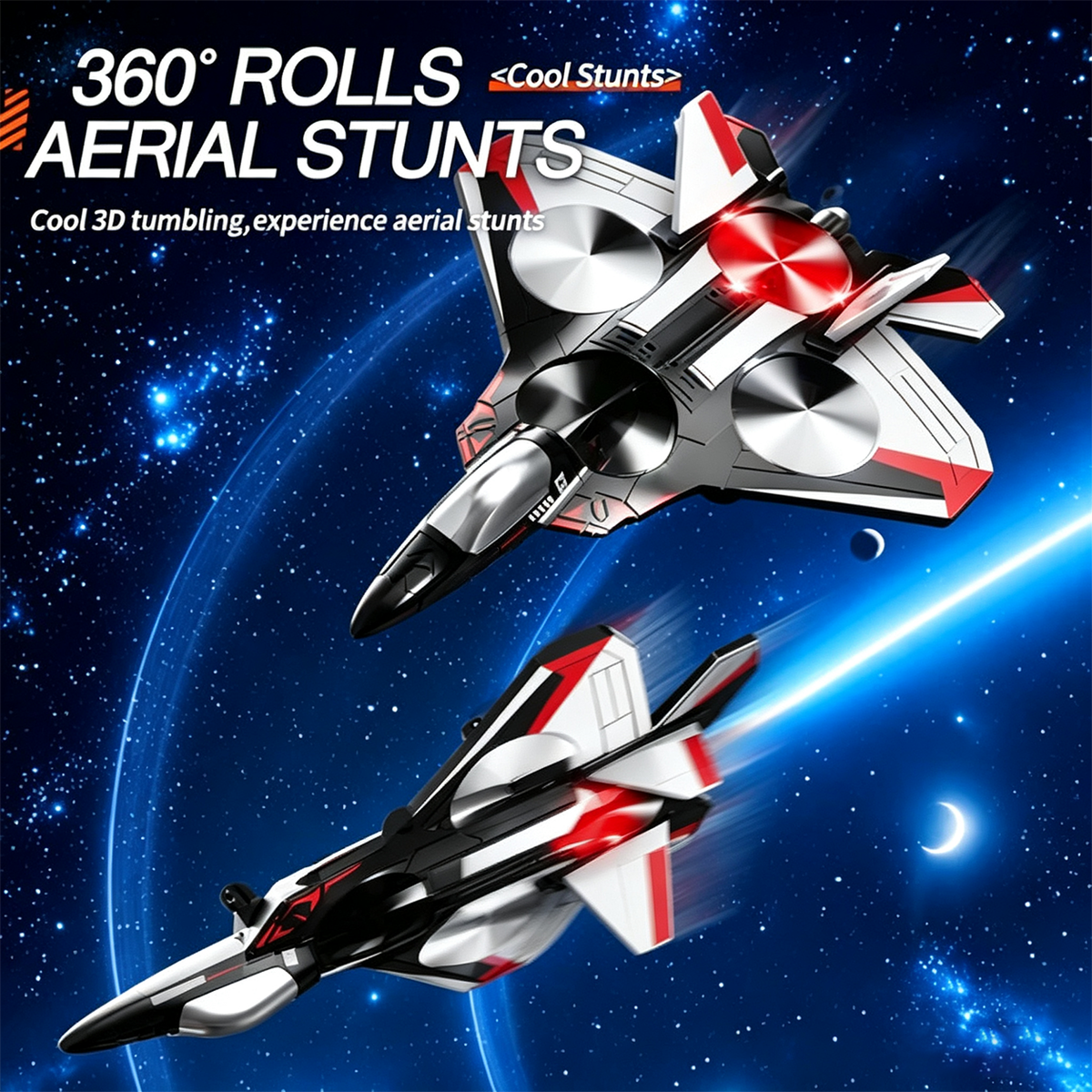 Two white, black and red jets shown tumbling in a starry sky to illustrate the aerial stunt rolls. 4
