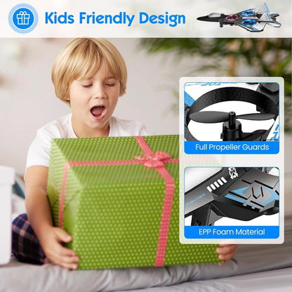 Boy looking delighted while holding a wrapped green gift, with close-ups of the propeller guards and foam body. 5