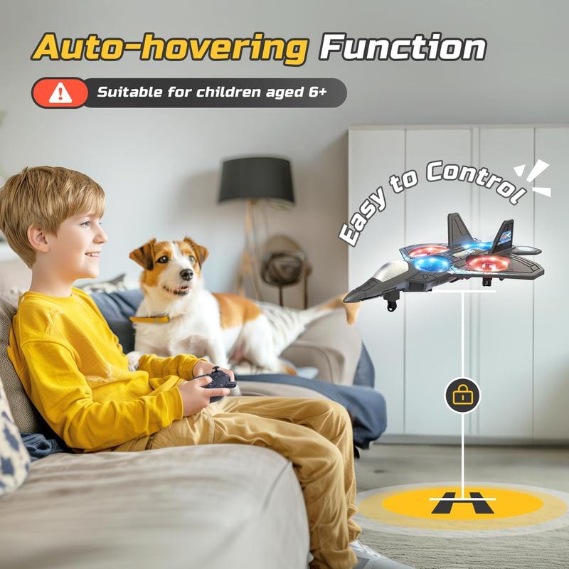 Boy on a sofa beside a dog, steering the hovering jet with a controller in a living room. 6
