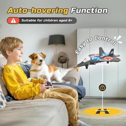 Boy on a sofa beside a dog, steering the hovering jet with a controller in a living room. 6