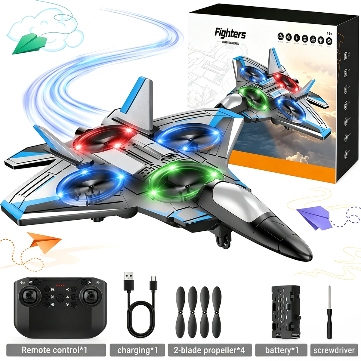 Blue and grey jet beside its gift box, with the remote, USB cable, four propellers, battery and screwdriver laid out below. 8