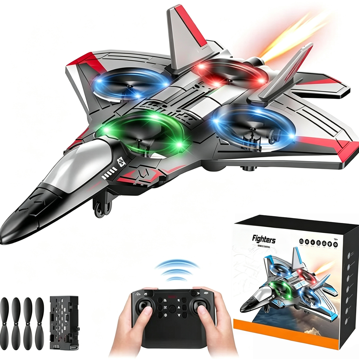 Grey jet with red trim and lit propellers, shown with its box, spare propellers, battery and a remote held in two hands. 9
